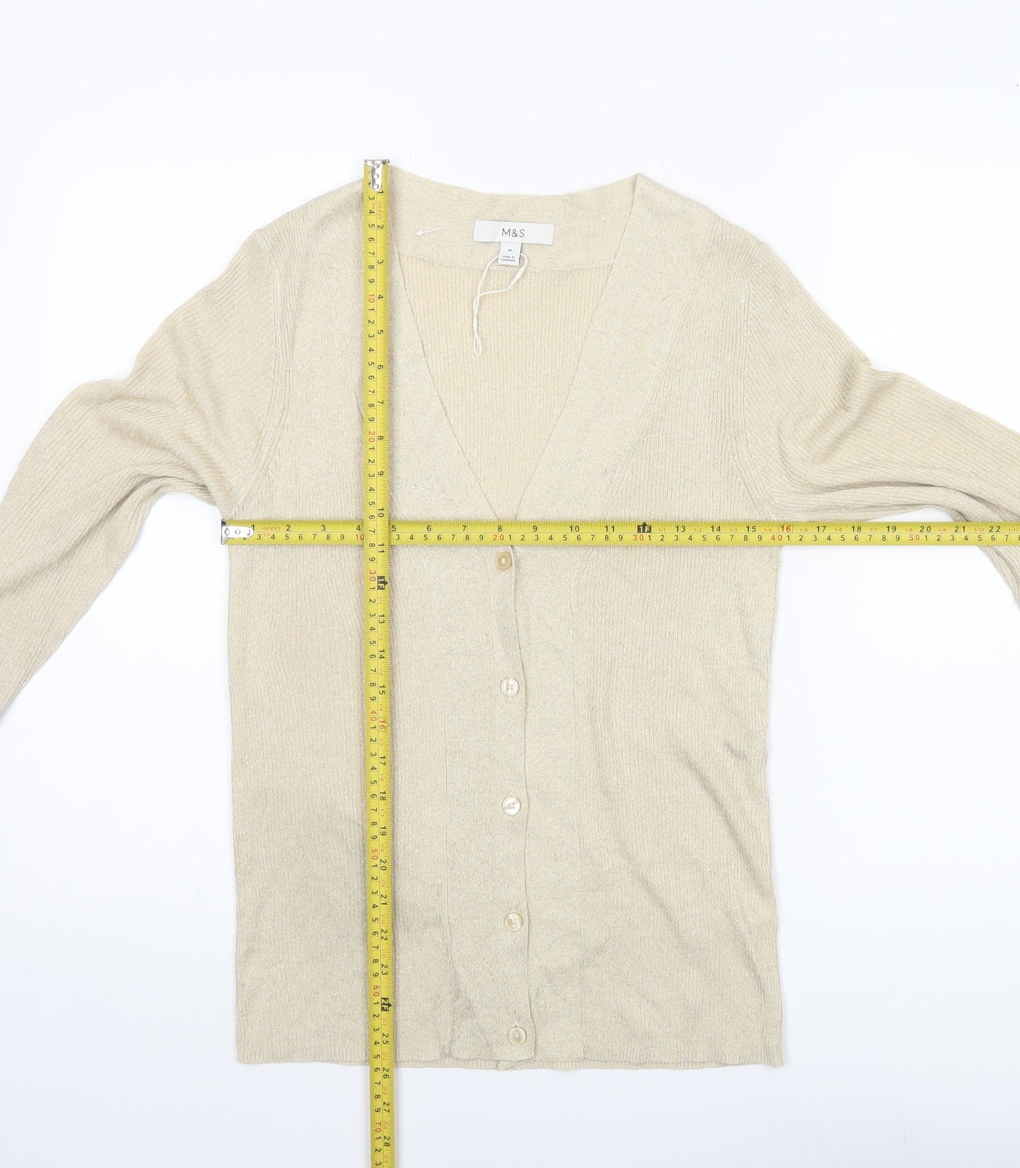 Marks and Spencer Women’s Beige M Cardigan V-Neck Knit Glitter