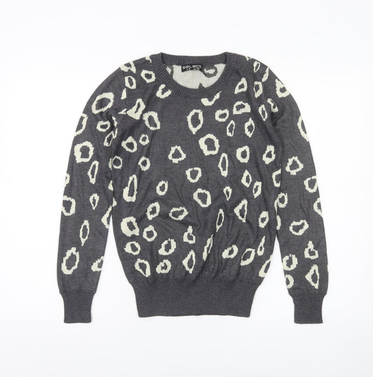 Select Womens Grey Animal Print Crew Neck Jumper Size 8