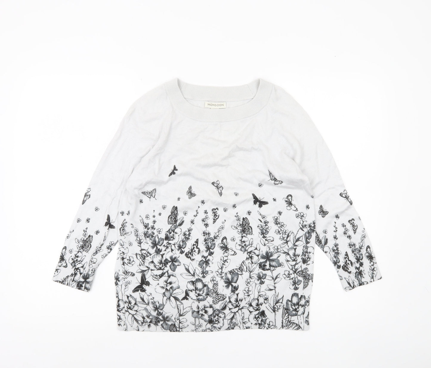 Monsoon Womens White Floral Butterfly Jumper Size 14 Crew Neck 3/4 Sleeve