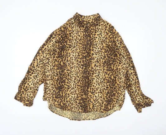 Lizwear Women Brown Animal Print Rayon Tunic Blouse Long Sleeve L