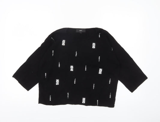 Next Womens Black Sequin Jumper Size 12 Crew Neck 3/4 Sleeve