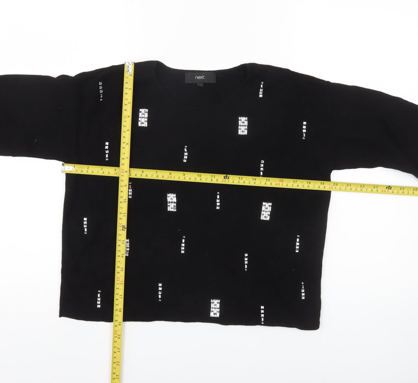 Next Womens Black Sequin Jumper Size 12 Crew Neck 3/4 Sleeve
