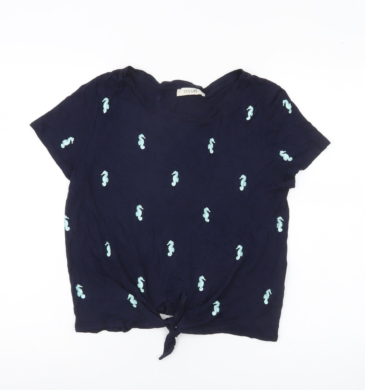 Oasis Womens Blue Seahorse Embroidered Cropped T-Shirt M