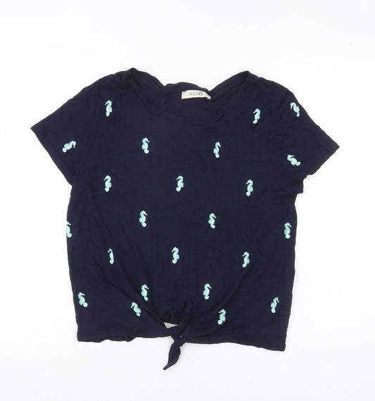 Oasis Womens Blue Seahorse Embroidered Cropped T-Shirt M