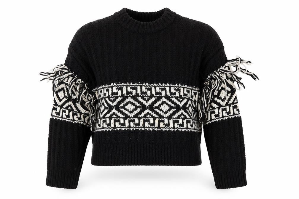 H&M Womens Black XS Geometric Fringe Knit Pullover Jumper