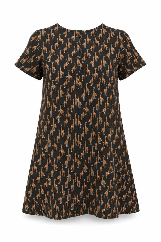 FatFace Womens Black Giraffe Print Shift Dress UK 6 Short Sleeve