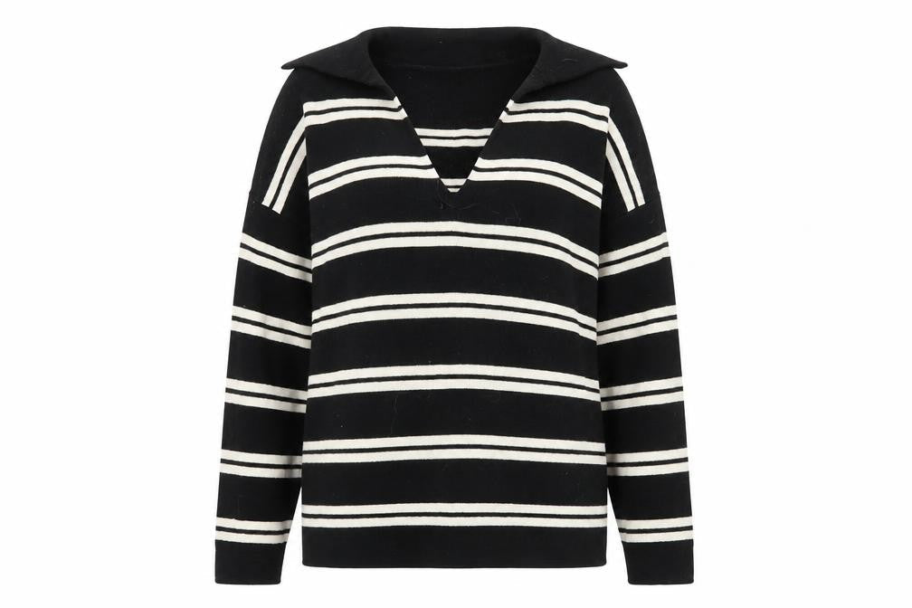 Studio Edit Women’s Black Striped Cotton Collared Jumper Size S