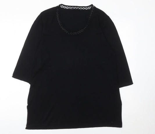 Windsmoor Womens Black Tunic Blouse L Beaded Scoop Neck 3/4 Sleeve