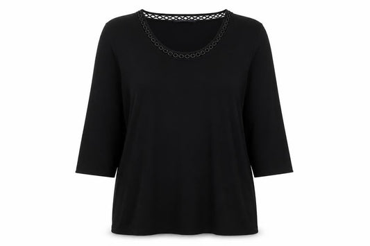 Windsmoor Womens Black Tunic Blouse L Beaded Scoop Neck 3/4 Sleeve