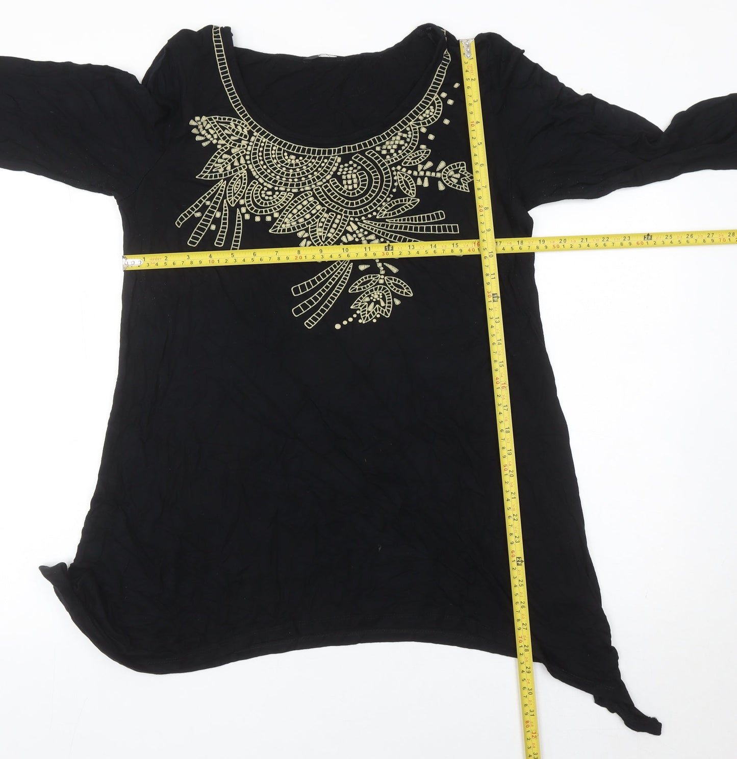 M&Co Womens Black Beaded Tunic Blouse Size 20 Scoop Neck 3/4 Sleeve