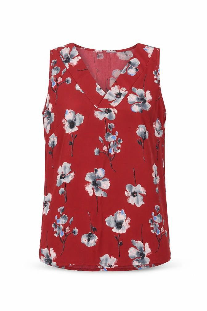 ChaCha Women’s Red Floral Sleeveless V-Neck Tunic Blouse Size S