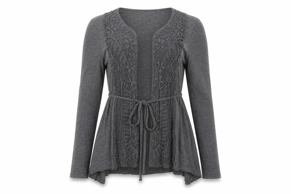 Monsoon Womens Grey Crochet Open Cardigan S Long Sleeve Belted