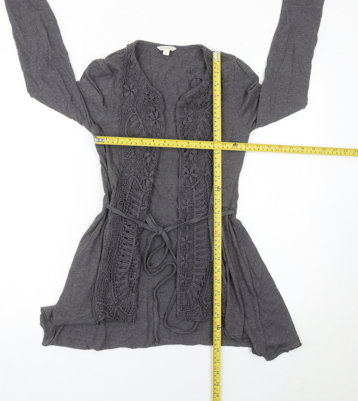 Monsoon Womens Grey Crochet Open Cardigan S Long Sleeve Belted