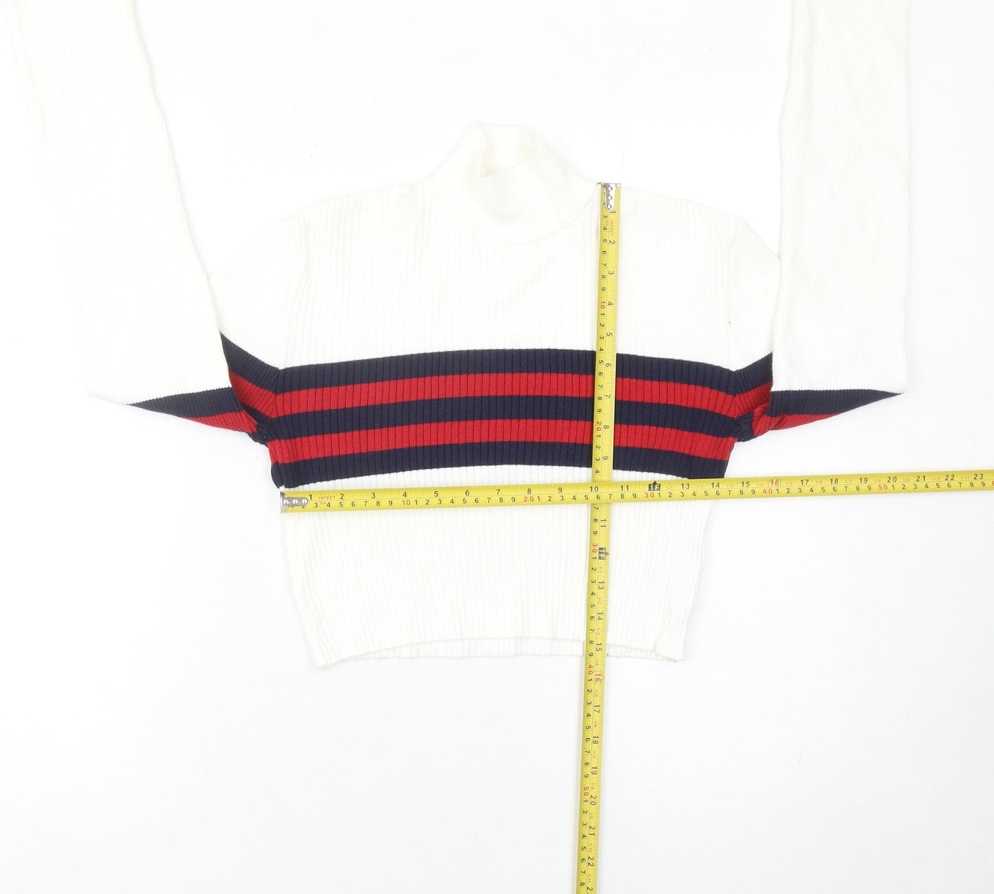 Urban Outfitters Women’s White Striped Mock Neck Slim Jumper Size S