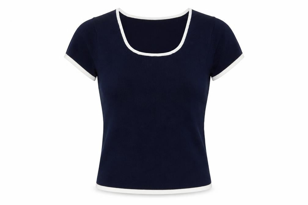 Jeff & Co Women’s Blue Square Neck Short Sleeve Cotton Pullover Jumper S