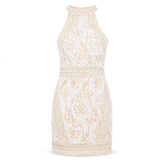 PRETTYLITTLETHING Women’s Beige Lace Bodycon Halter Dress Size 8