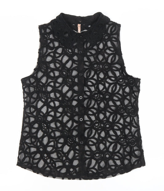 Sweewë Women’s Black Lace Floral Sleeveless Button-Up Top Size S