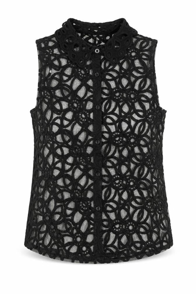 Sweewë Women’s Black Lace Floral Sleeveless Button-Up Top Size S