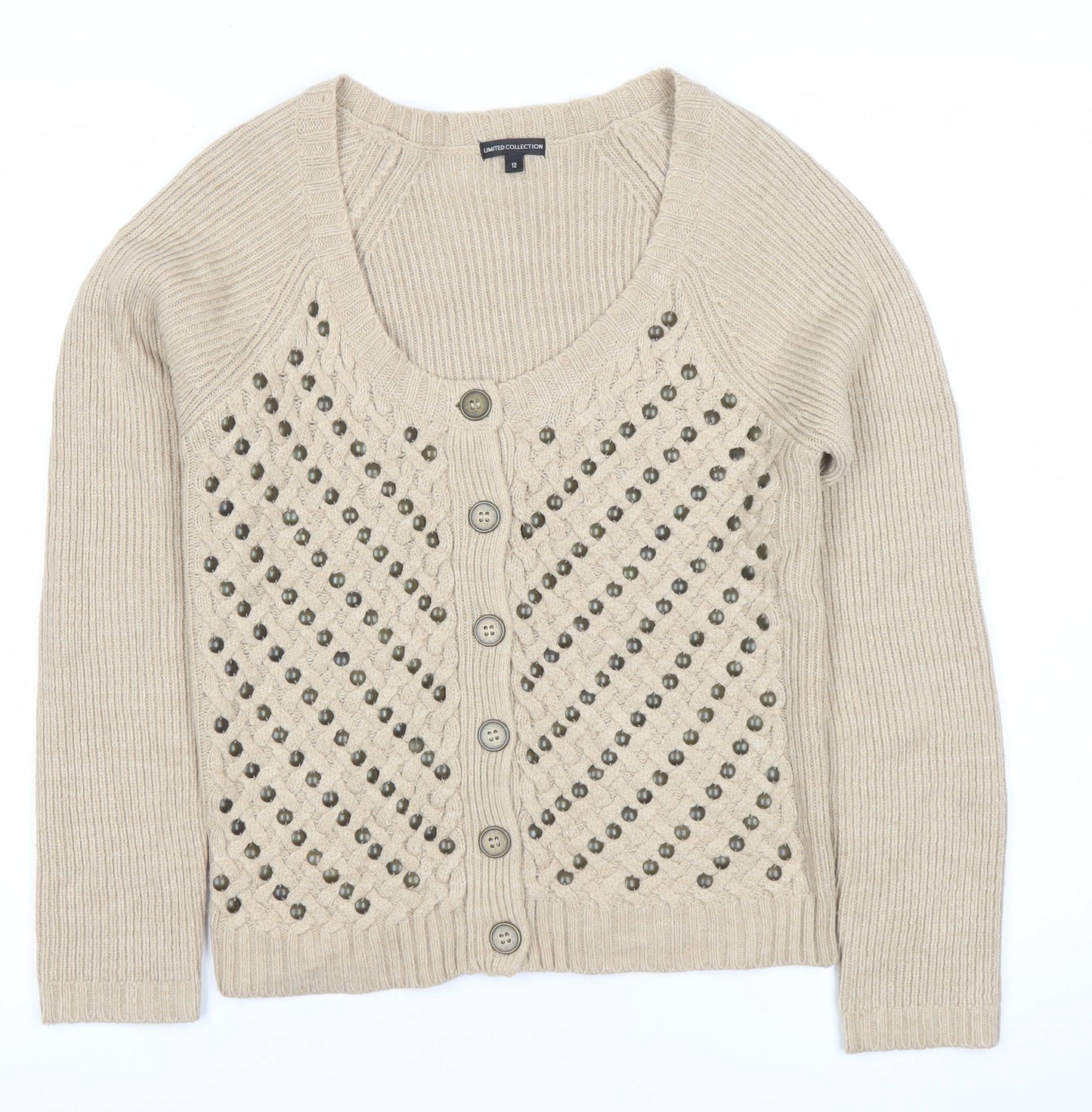 Marks and Spencer Women’s Beige Cardigan Size 12 Scoop Neck Knit