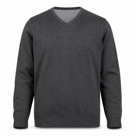 Front view of Maine New England men’s grey cotton v-neck jumper, size M