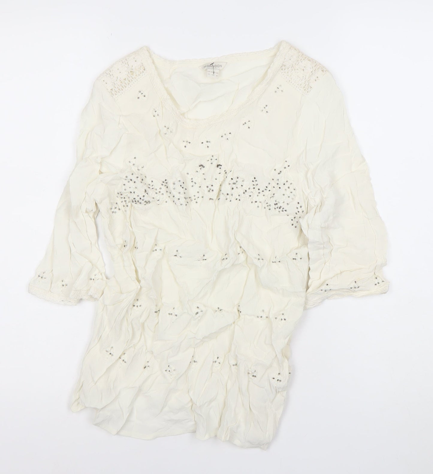 Monsoon Womens Ivory Beaded Tunic Blouse Size 12 3/4 Sleeve
