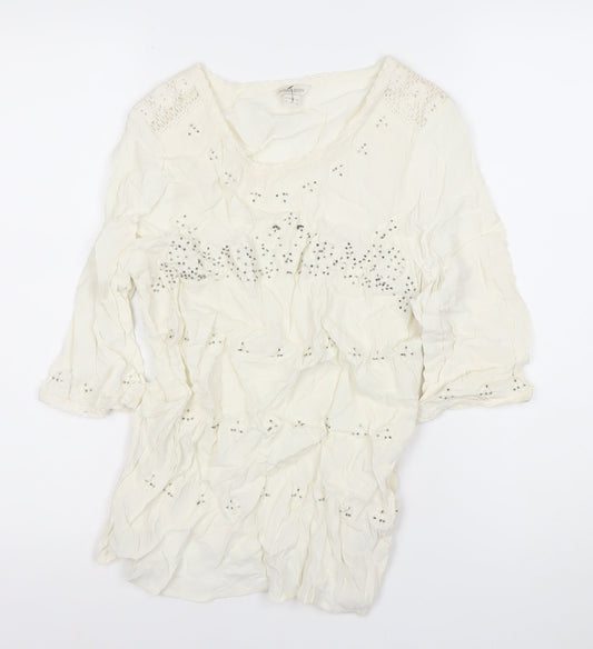 Monsoon Womens Ivory Beaded Tunic Blouse Size 12 3/4 Sleeve