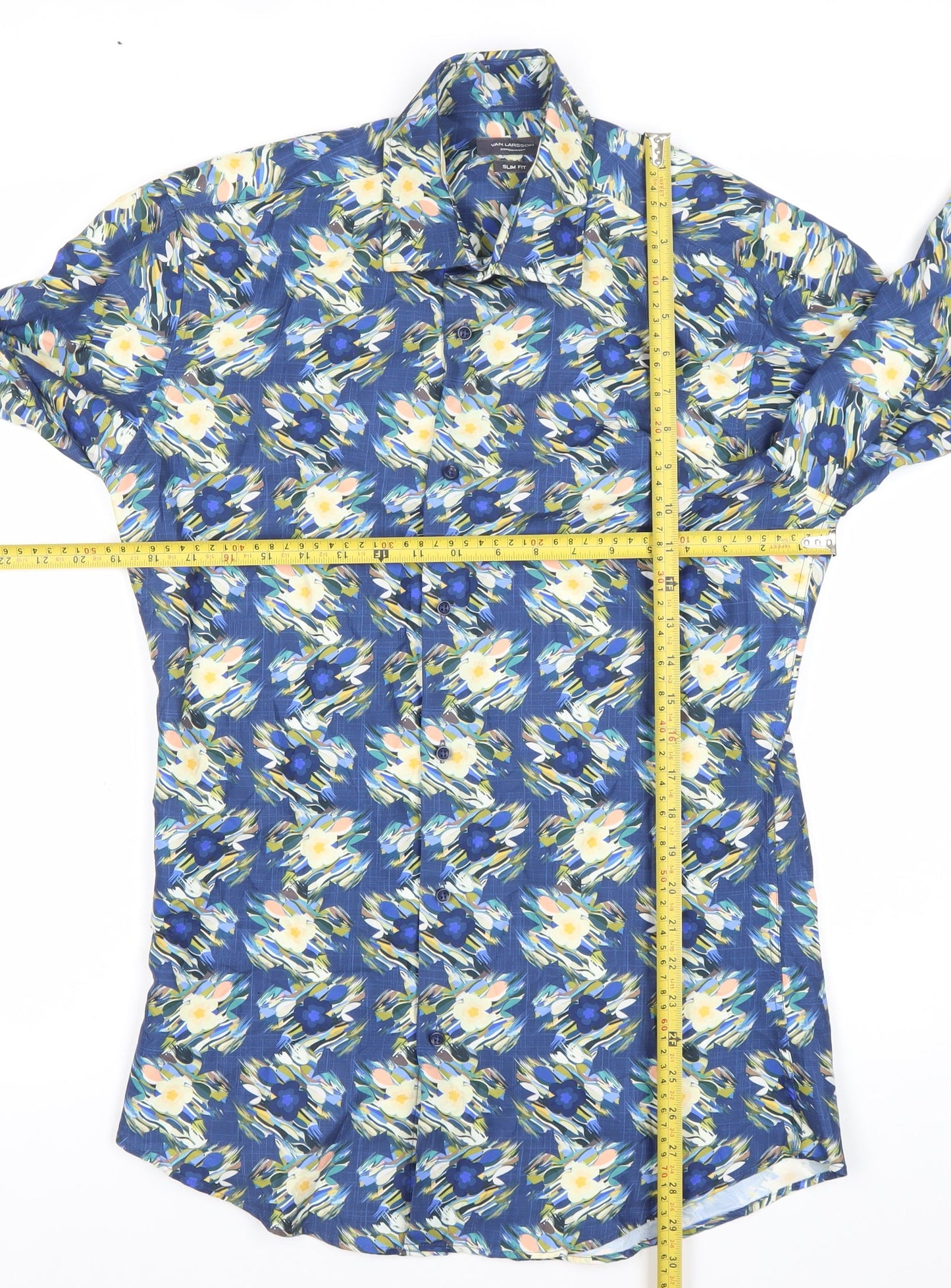 Van Larsson Men's Blue Floral Slim Fit Long Sleeve Button-Up Shirt Size 15
