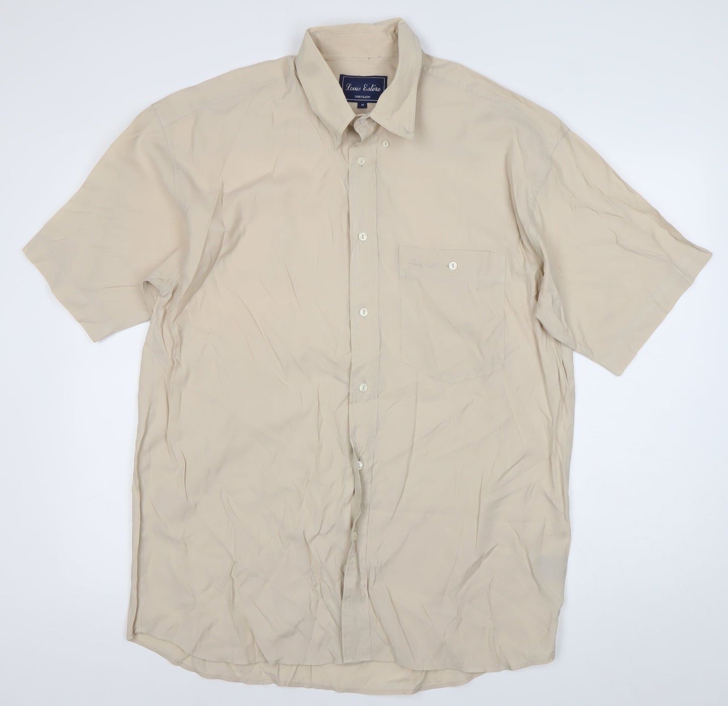 Louis Estére Men's Beige Viscose Short Sleeve Button-Up Shirt M