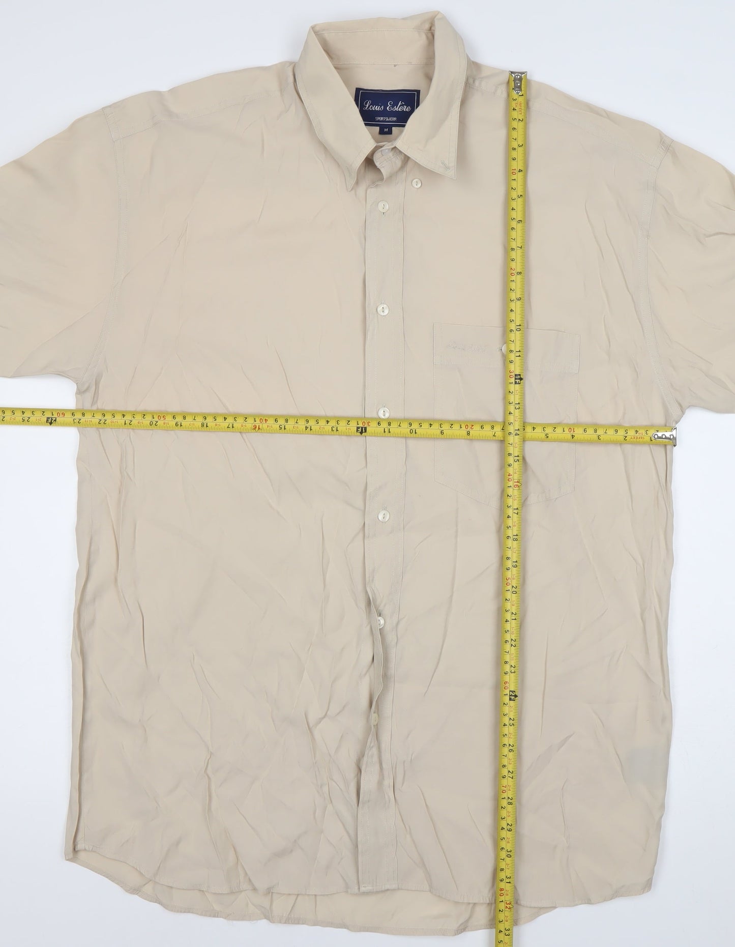 Louis Estére Men's Beige Viscose Short Sleeve Button-Up Shirt M
