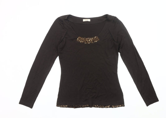 Laurèl Women Black Sequin Scoop Neck Long Sleeve Top Size 12