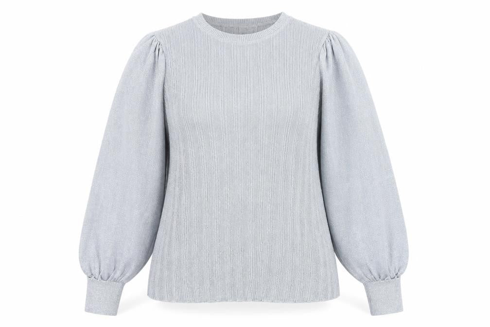 Zara Women Grey Metallic Puff Sleeve Pullover Jumper Size M