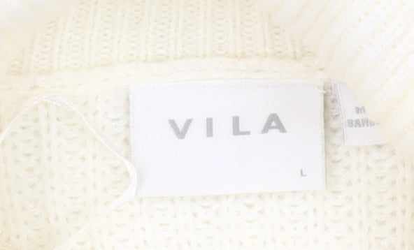 Vila Women White Roll Neck Knit Jumper L Long Sleeve Pullover