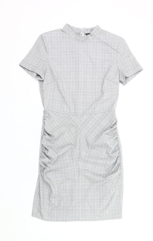 Zara Women Grey Check Sheath Dress Size 12 Short Sleeve Work