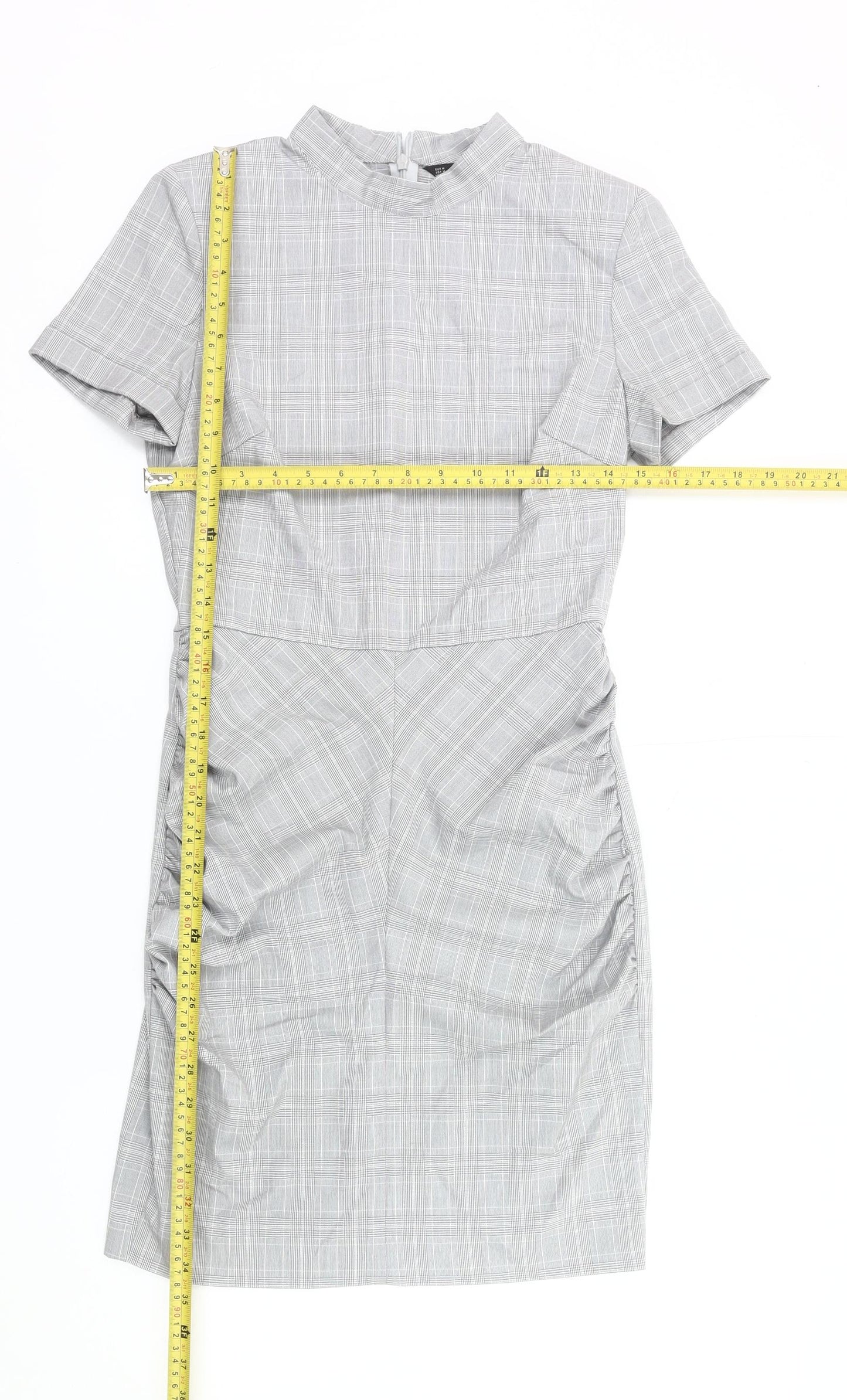 Zara Women Grey Check Sheath Dress Size 12 Short Sleeve Work