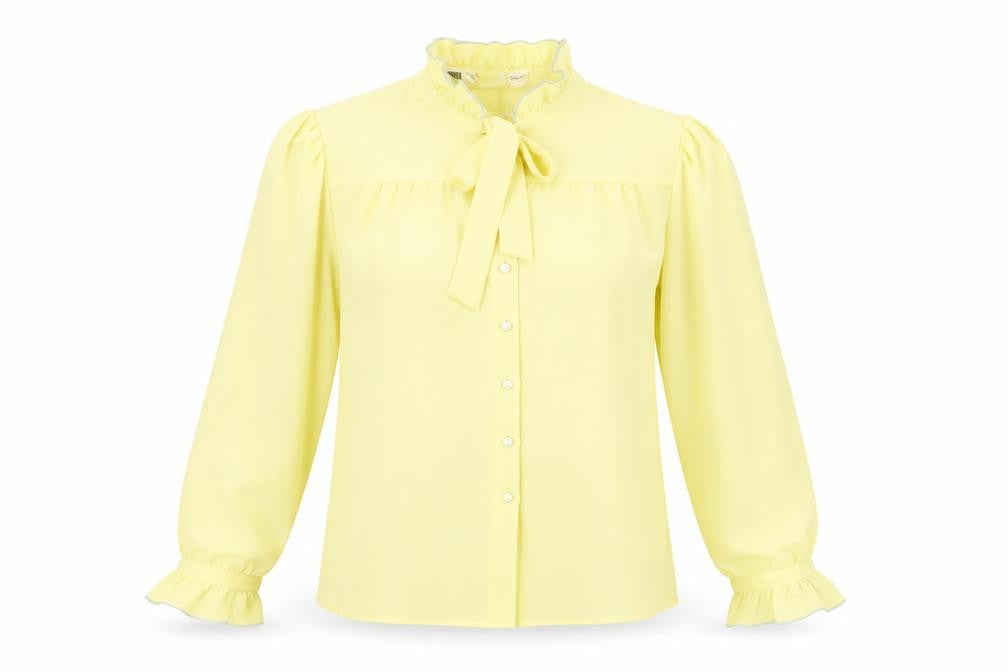 Ann Michael Womens Yellow Blouse Size 10 Long Sleeve Ruffle Tie Neck