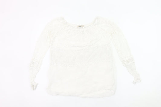 Viola Borghi Women White Lace Blouse Bohemian Embroidered Scoop Neck S
