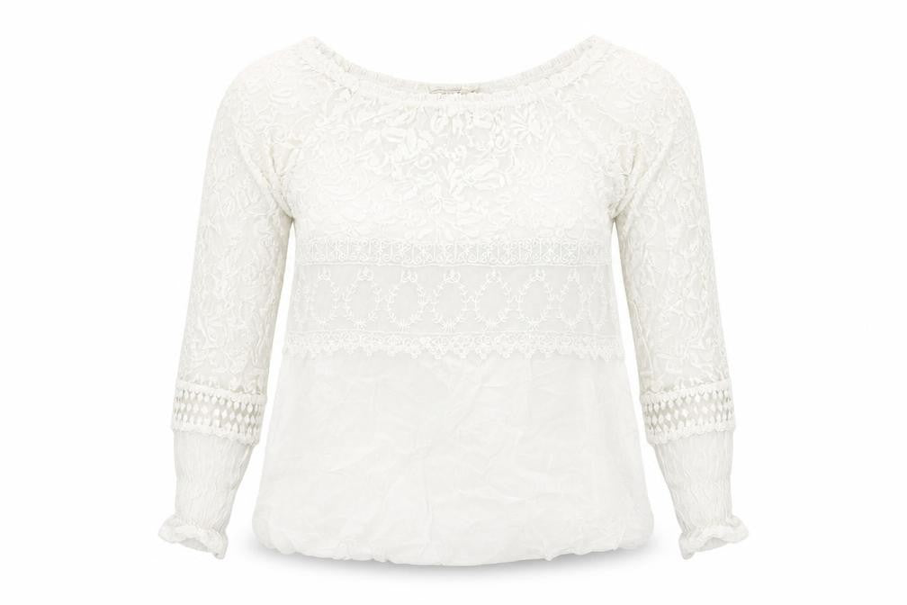 Viola Borghi Women White Lace Blouse Bohemian Embroidered Scoop Neck S