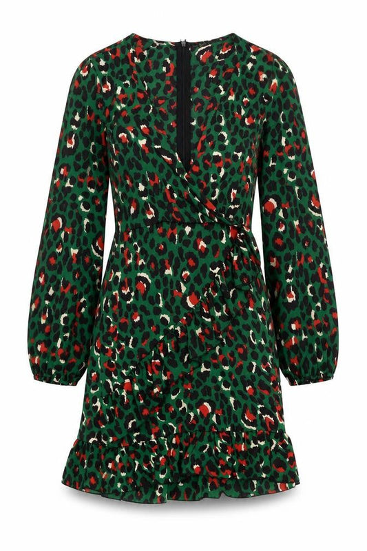 Quiz Womens Green Animal Print Wrap Dress Size 10 Ruffle Party