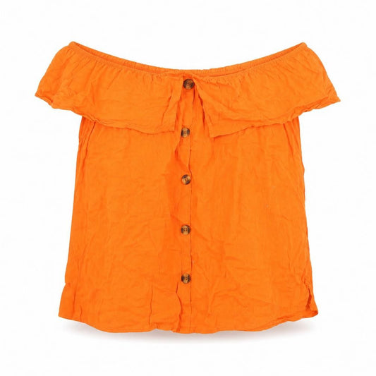 Front view of Papaya women’s orange off shoulder button blouse, size UK 20