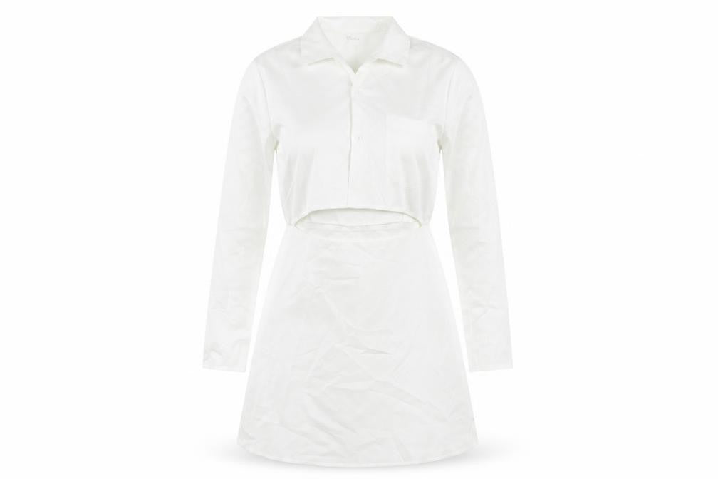 PRETTYLITTLETHING Women White Size 12 Shirt Mini Dress Long Sleeve