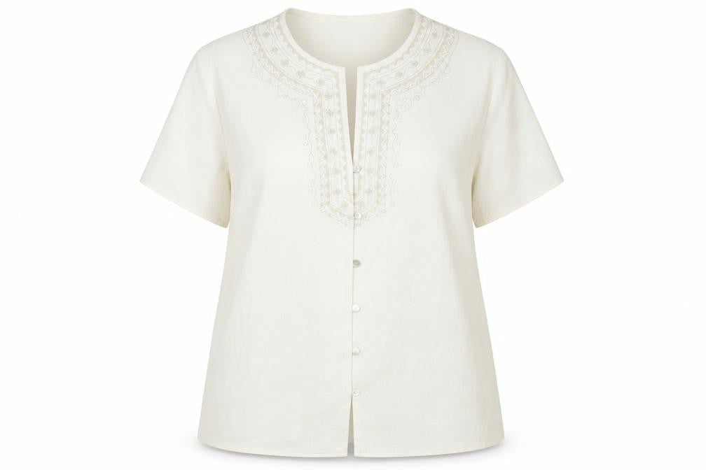 Damart Women’s Beige Embroidered Tunic Blouse Size 18 Short Sleeve