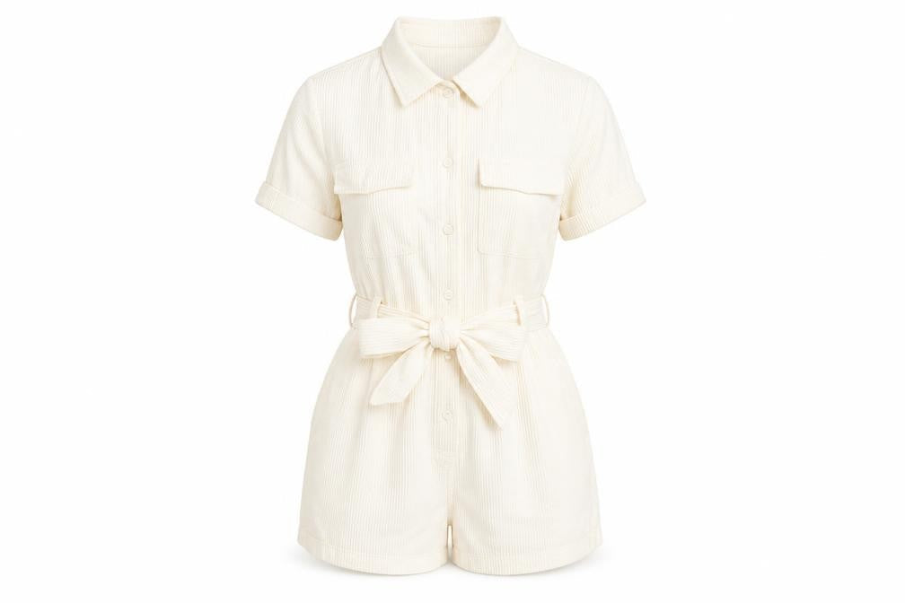 PRETTYLITTLETHING Women’s Ivory Playsuit UK 10 Button Front Belted Short Sleeve