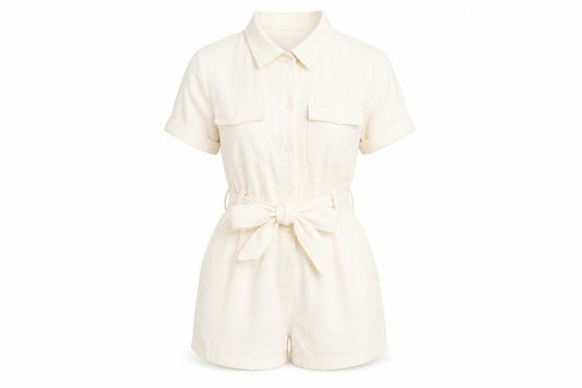 PRETTYLITTLETHING Women’s Ivory Playsuit UK 10 Button Front Belted Short Sleeve