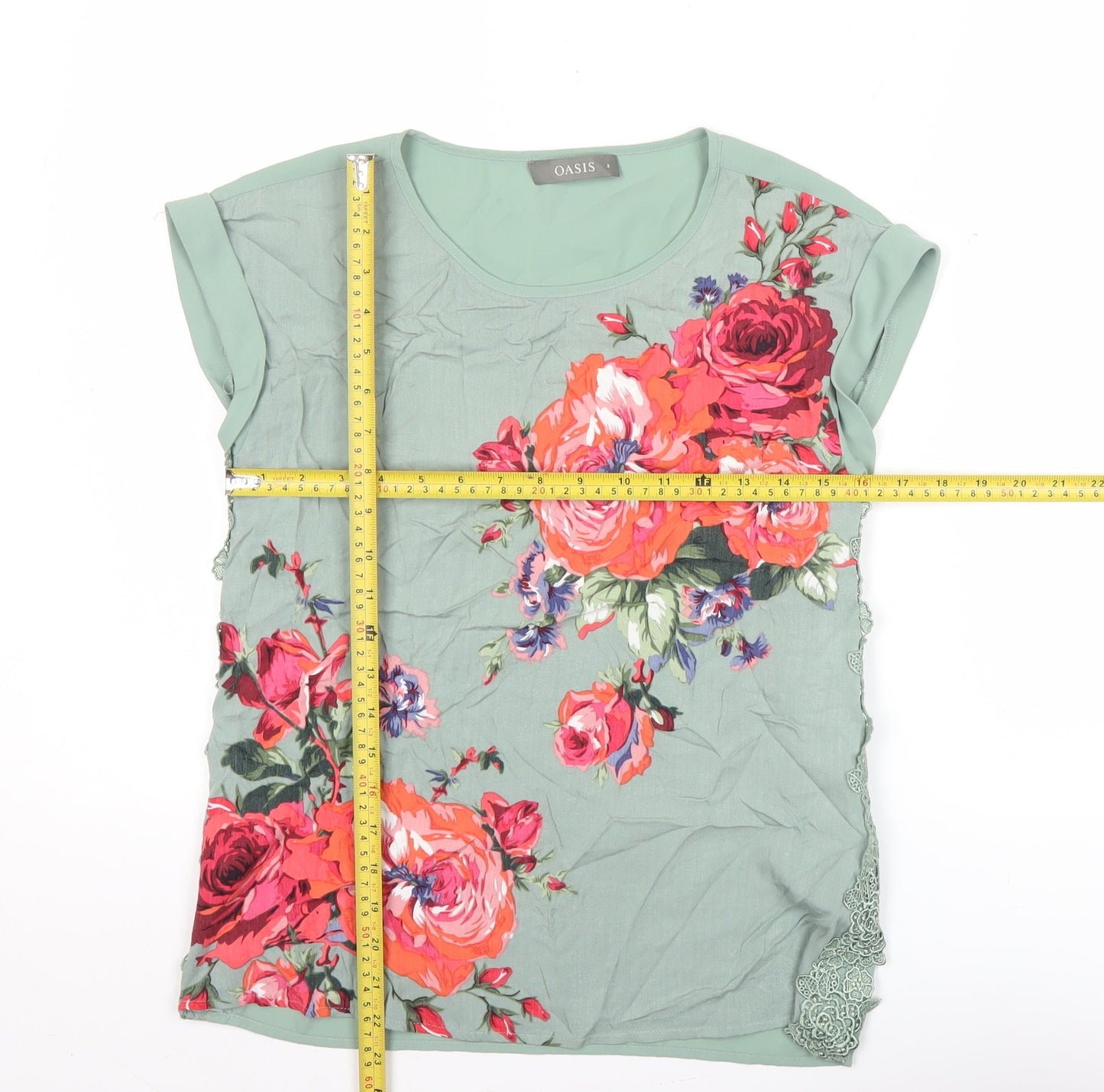 Oasis Women’s Green Floral Blouse Size 8 Short Sleeve Tunic Top