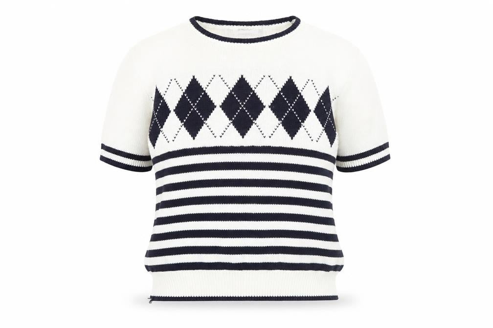 Marks & Spencer Women White Jumper Size 10 Argyle Striped Short Sleeve