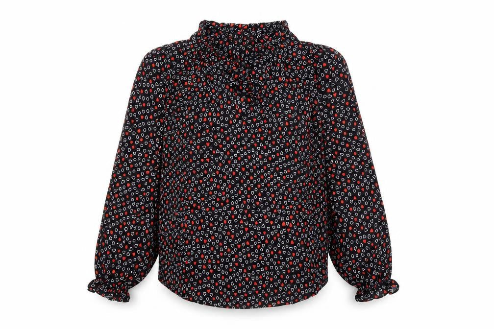 Wallis Women’s Black Heart Print Petite Blouse UK 8 High Neck Long Sleeve