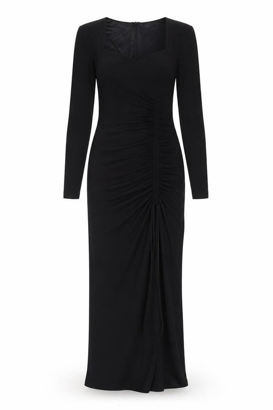 Zara Women Black XS Midi Bodycon Dress Long Sleeve Ruched