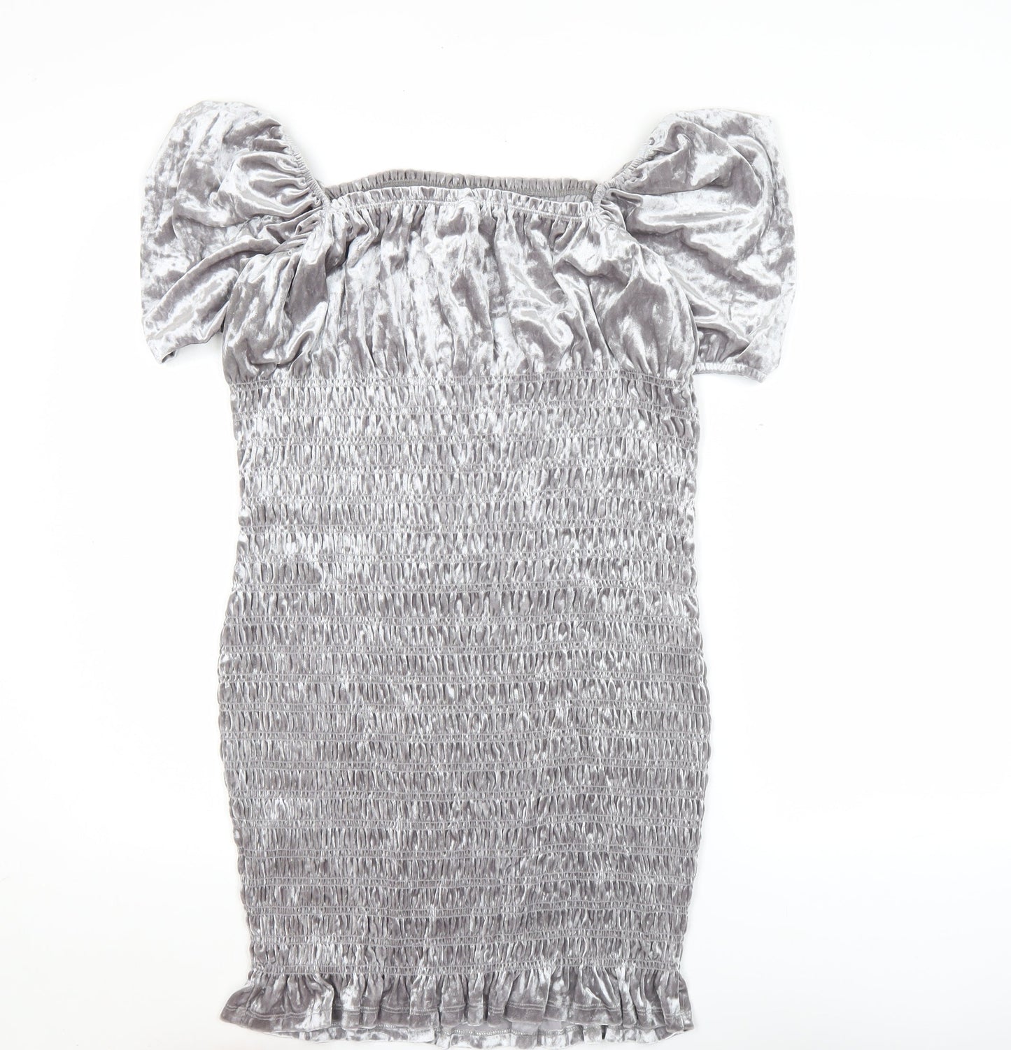 H&M Women Grey Velvet Bodycon Puff Sleeve Short Dress L