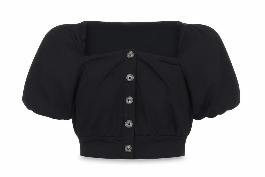 French Connection Womens Black Size 8 Cropped Puff Sleeve Blouse