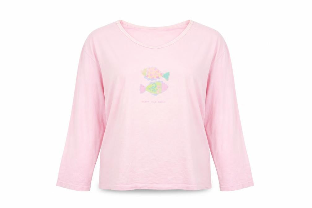 ICanToo Womens Pink Long Sleeve Cotton Beach Graphic T-Shirt L